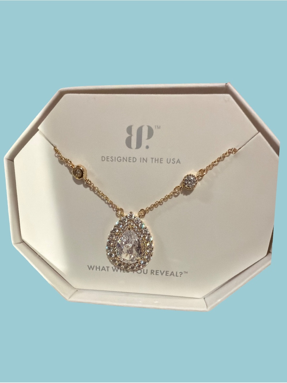 bp Gold Teardrop Halo Crystal Pendant Necklace